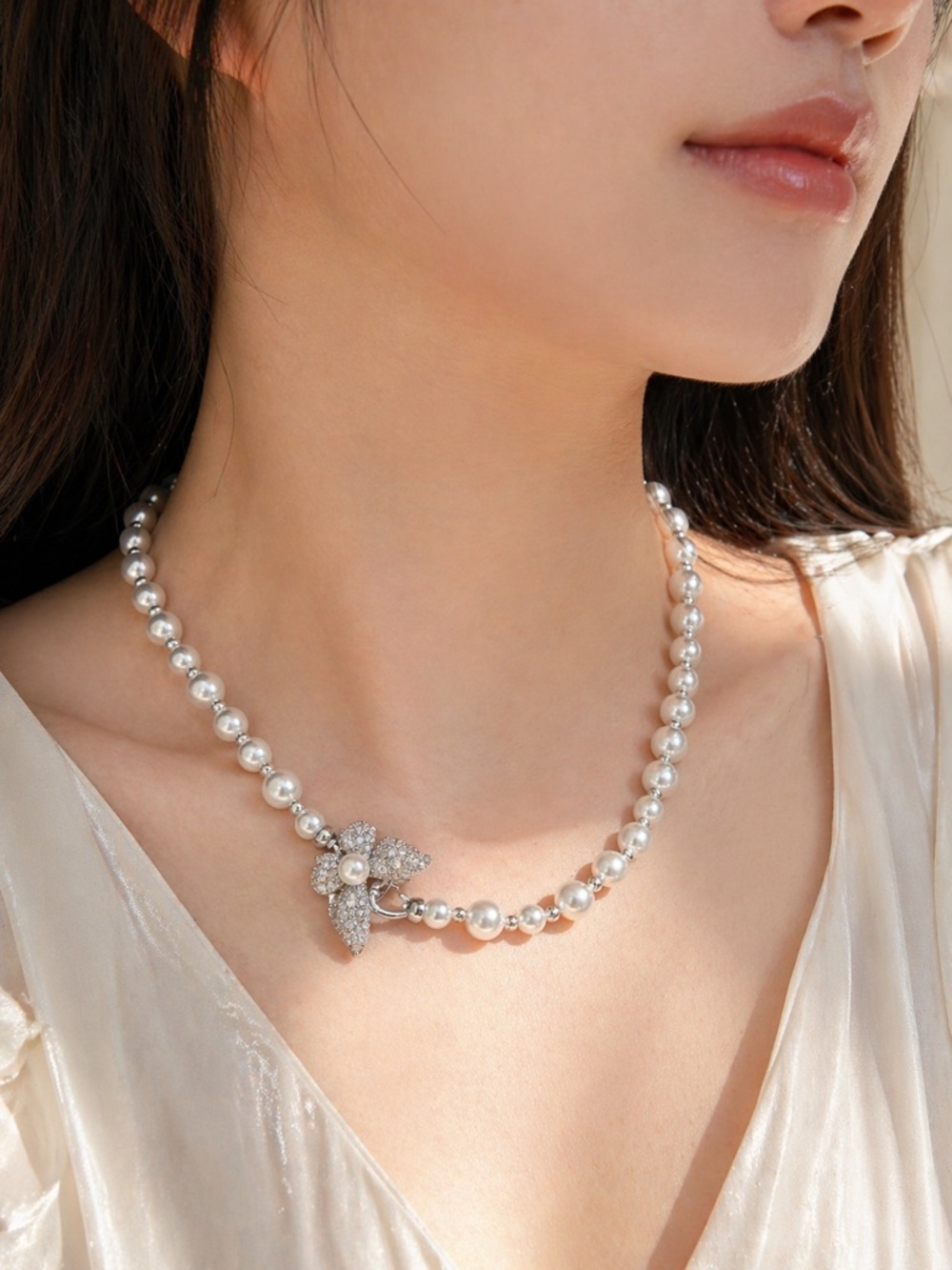 Silver-Tone Faux Pearl Necklace with Sparkling Crystal Flower Accent